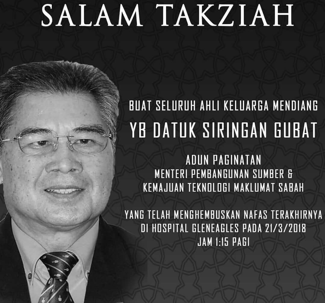 Menteri Sabah Siringan Gubat meninggal dunia