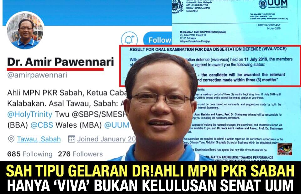 Sah tipu gelaran Dr! Ahli MPN PKR Sabah hanya 'Viva' bukan kelulusan senat UUM