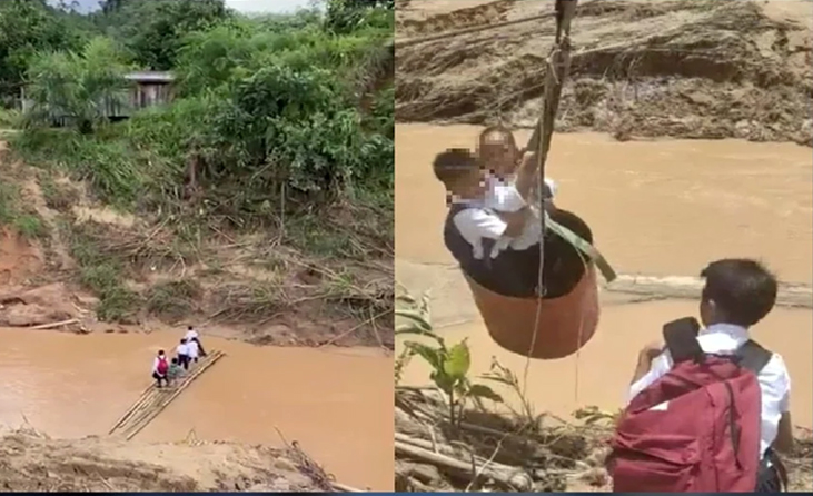 Nabawan: Jambatan gantung rosak akibat banjir, murid gadai nyawa ke Sekolah