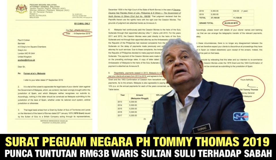 Surat Peguam Negara PH Tommy Thomas 2019 punca tuntutan RM63 bilion Waris Sultan Sulu terhadap Sabah