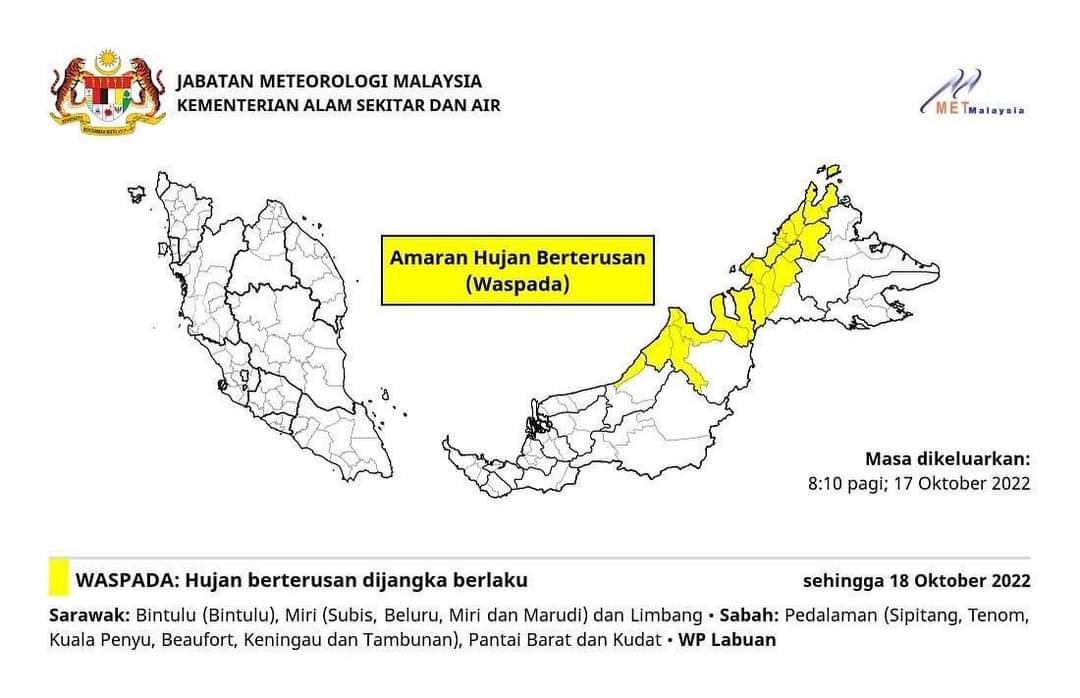 Amaran hujan berterusan tahap waspada di Sabah, Sarawak dan Labuan