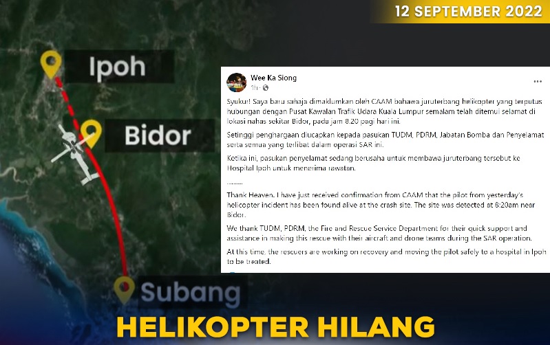 Helikopter bersama juruterbang terputus hubungan ditemui selamat di Bidor